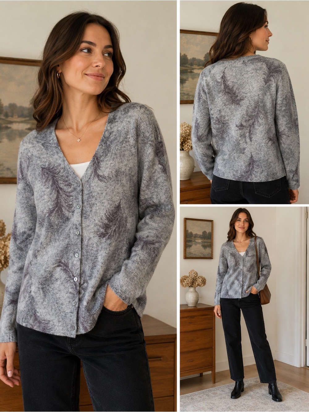 Deane & White Gray Lambswool Angora Blend Button Front Cardigan Sweater Size L